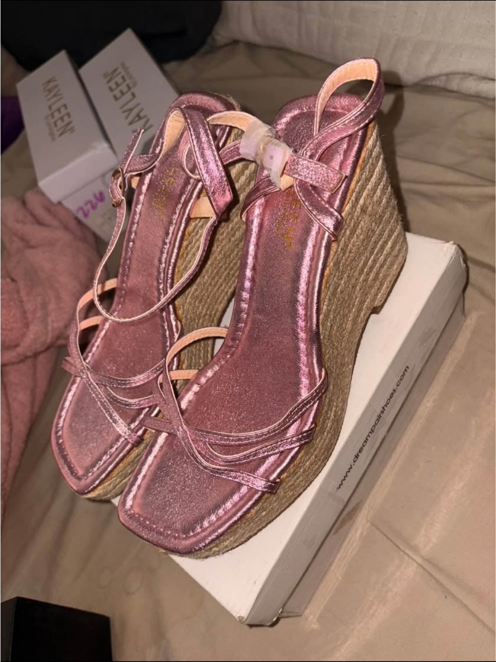 Strappy Pink Metallic Wedge Sandals - Women's